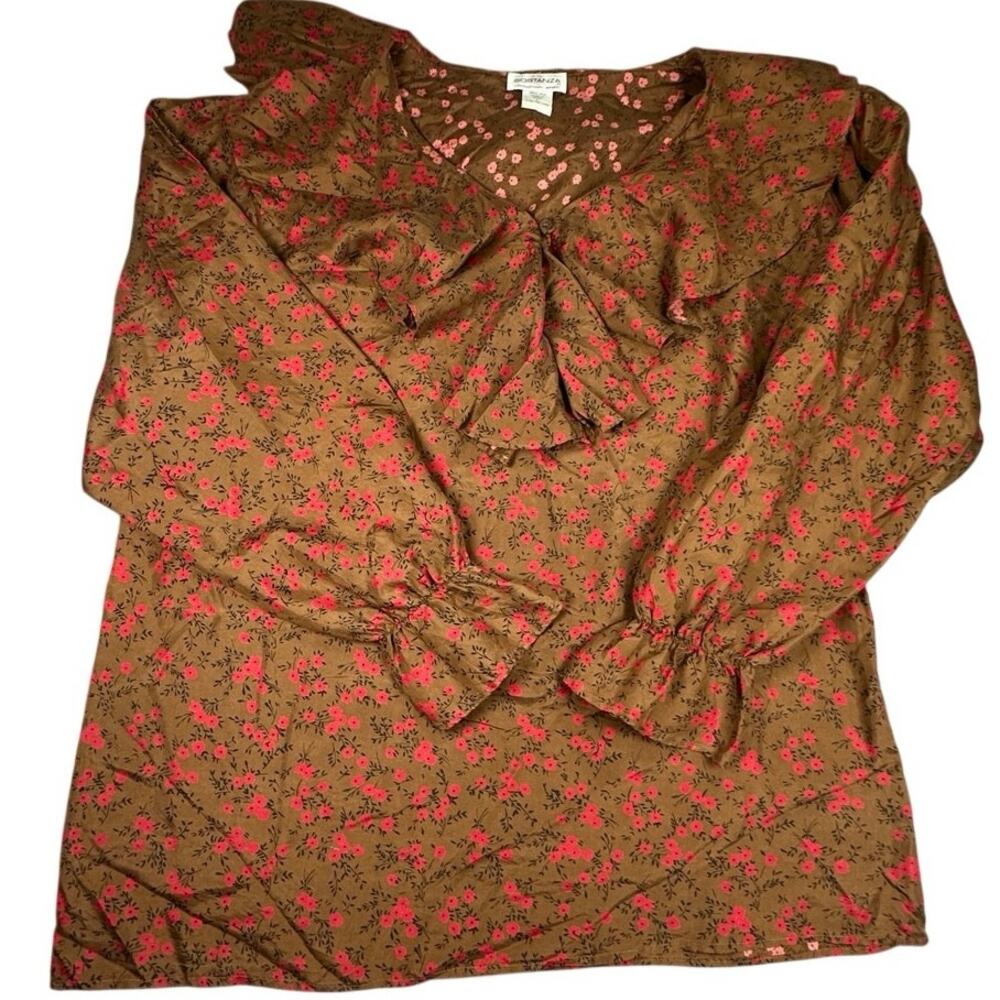 Sostanza Blouse Floral Ruffle Collar 100% Silk Brown Large